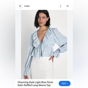 Lulu’s Light Blue Floral Satin Ruffled Long Sleeve Top